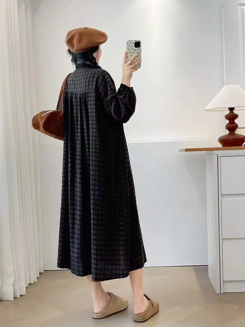 Abito camicia monopetto in cotone scozzese vintage giapponese Mori Girl Abito longuette casual a maniche lunghe con colletto alla coreana autunnale da donna