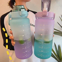 New Large Couple Cup with Straw Time Scale Water Bottle Plastic Water Cup Large Student Frosted Outdoor Sports Water Bottles 2L