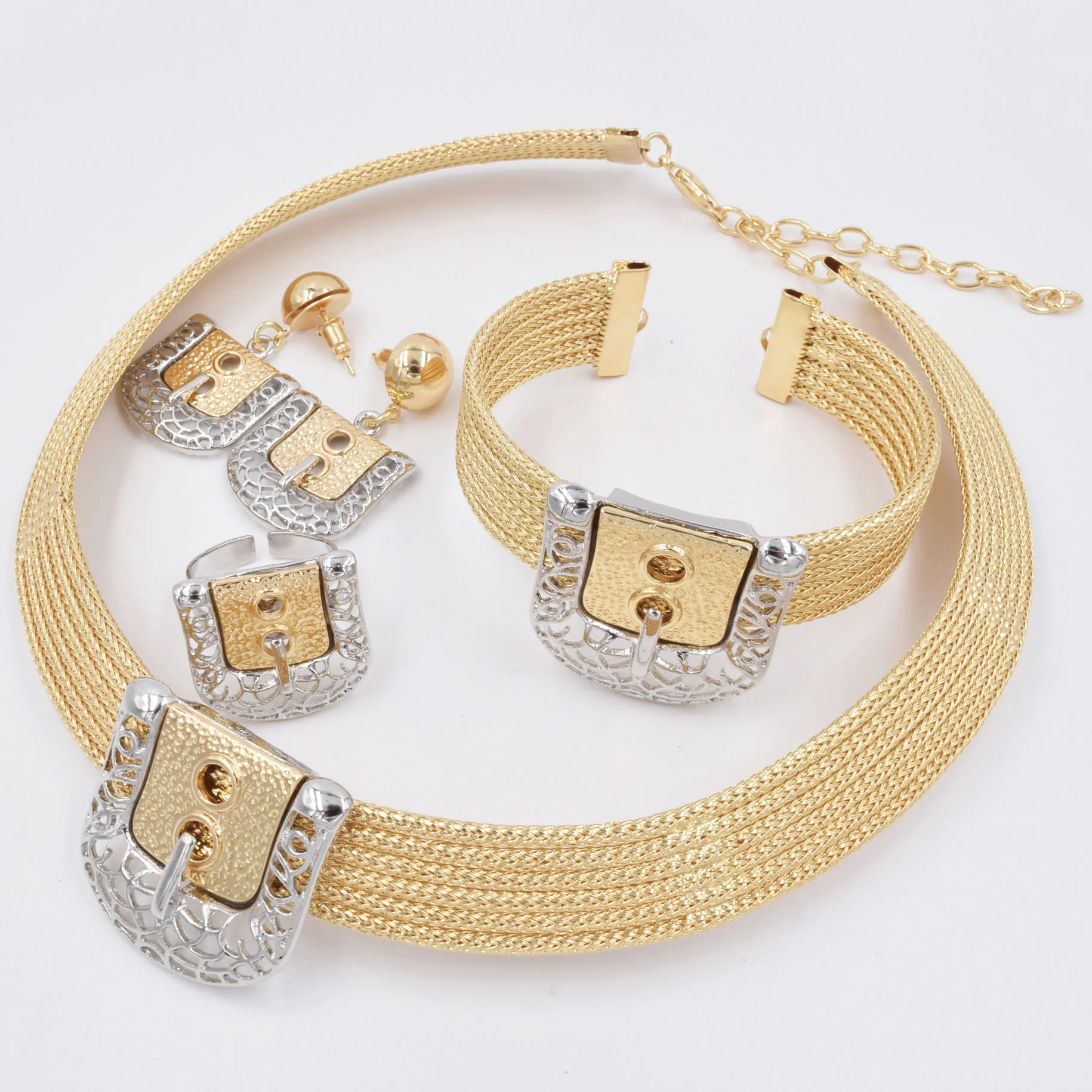 Imagem -04 - Italiano 18k Banhado a Ouro Conjunto de Jóias para Mulheres Quadrado Colar de Folhas Brincos Pulseira Anel Wedding Party Accessories Pcs