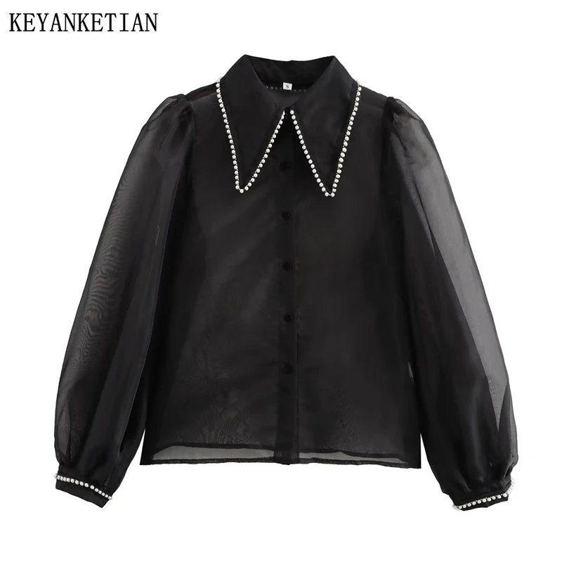 KEYANKETIAN 2025 New Women's Pearl Decoration Transparent Organza Shirt Office Lady Puff Sleeve Single Breasted Cropped Blouse