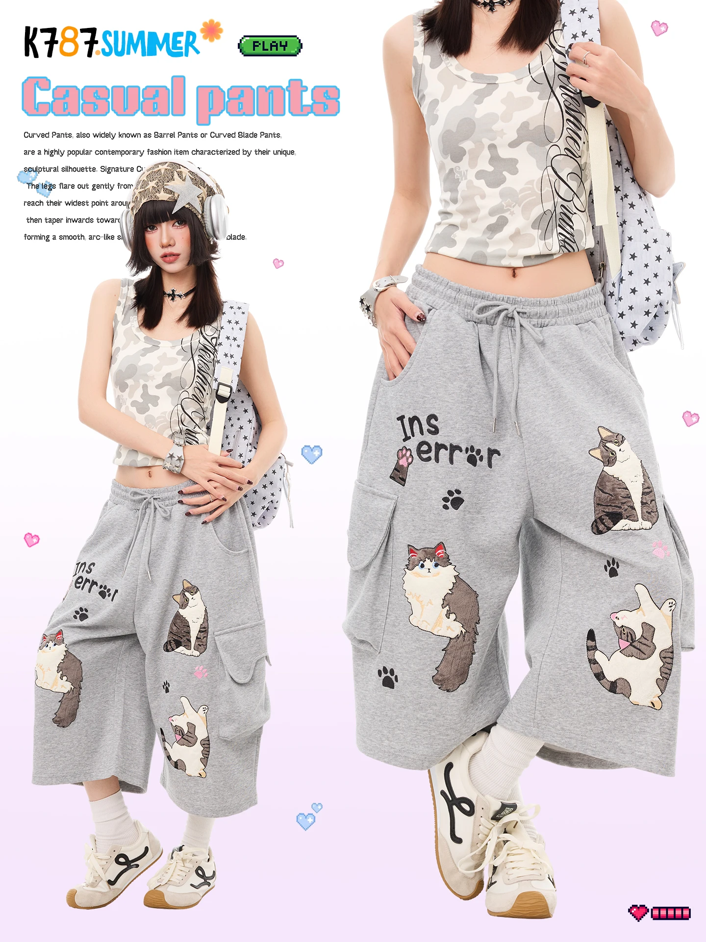 

K787 American Retro Light Doll Embroidery Seven-Foot Pants Women's Multiple Pockets Elastic Waist Grey Straight Short Pants