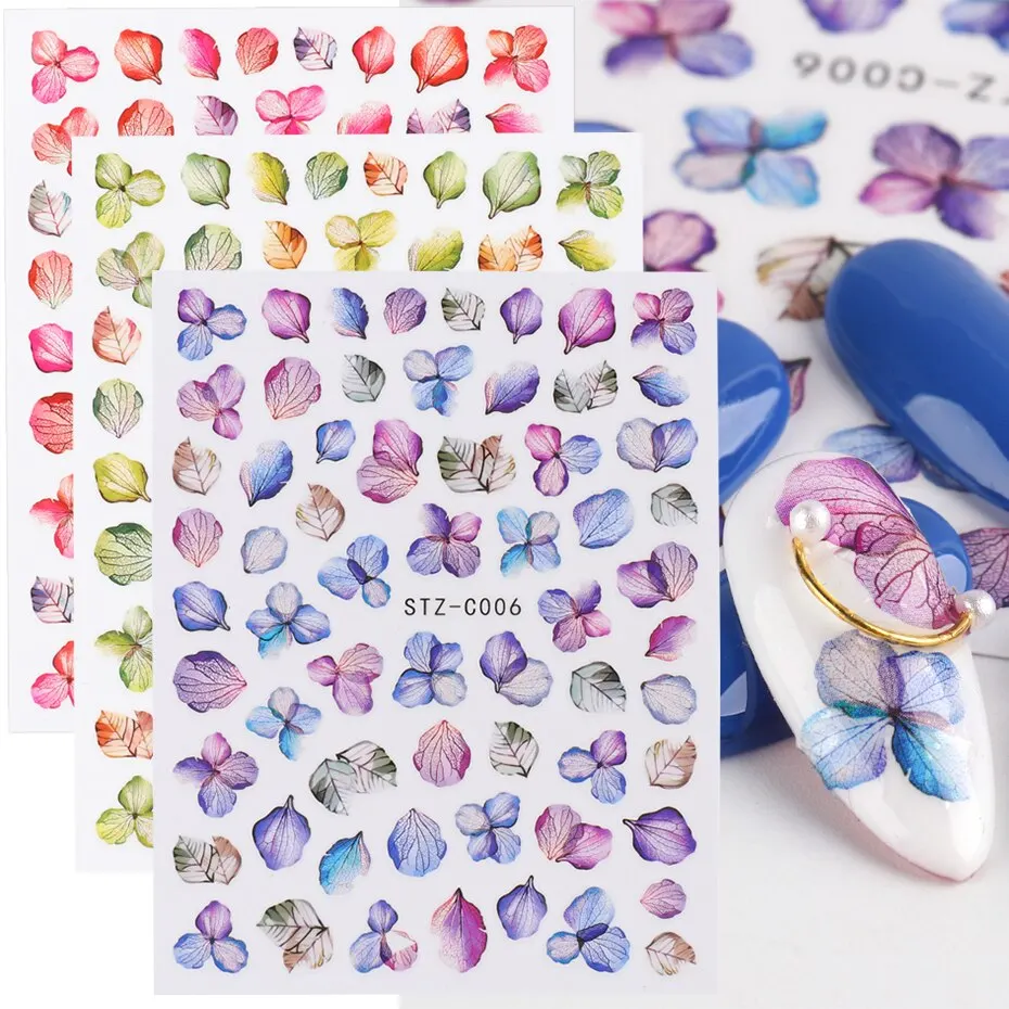 3個紫色の花花びらネイルステッカーデカールマニキュア3D接着スライダータトゥー日本の魅力ネイルアート装飾