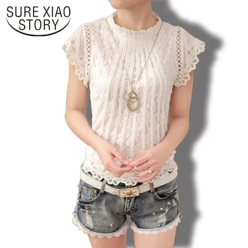 Women\'s Lace Blouse, Short Petal Sleeve, O-neck, Casual Shirt, White Tops, Elegant, Solid, Summer Fashion,2024 New, 01C 35