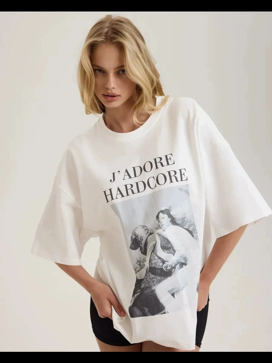 

Свободная хлопковая футболка, повседневный топ с принтом Faion ort Sve, женский летний круглый топ средней длины с креативным узором