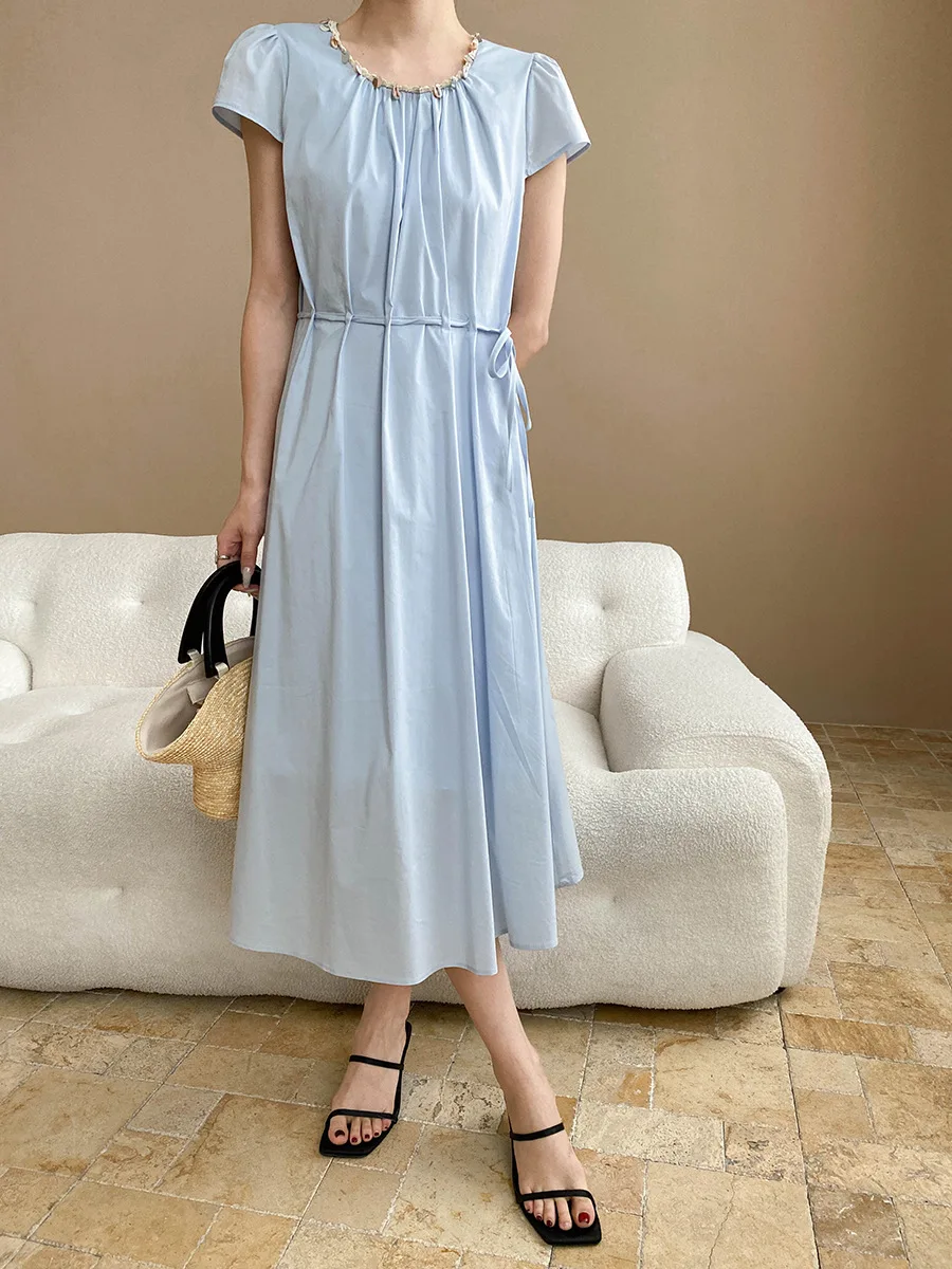 

Spring and summer women's casual solid color round neck short sleeved bead slim fit dress