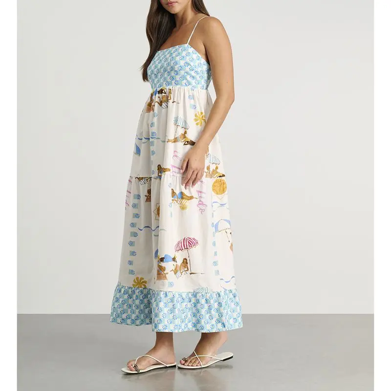 Combhasaki ผู้หญิงฤดูร้อนแขนกุดปรับสายรัด Backless Cutout สแควร์คอความงามพิมพ์ดอกไม้ Flowy A-Line ชุดยาว