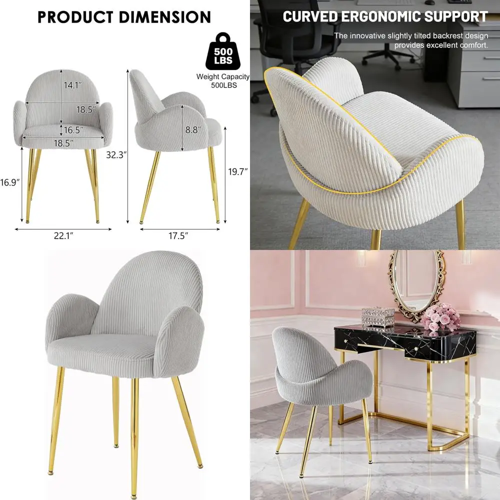 

Ergonomic Corduroy Vanity Chair with Gold Legs for Home Office or Living Room, Grey