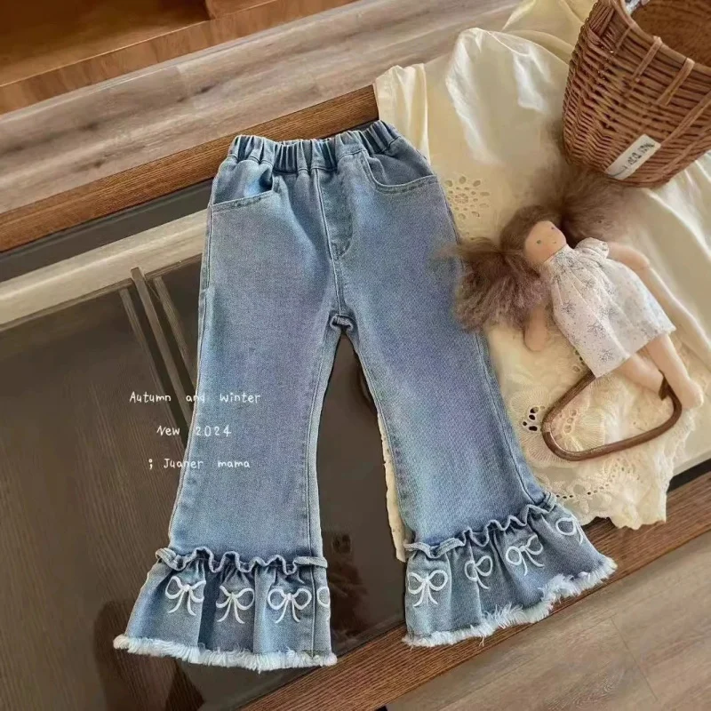 

NL-Girls' Jeans Spring and Autumn Western Style Internet Celebrity Children's Bell-Bottom Pants New Baby Girls' Casual Pants Out