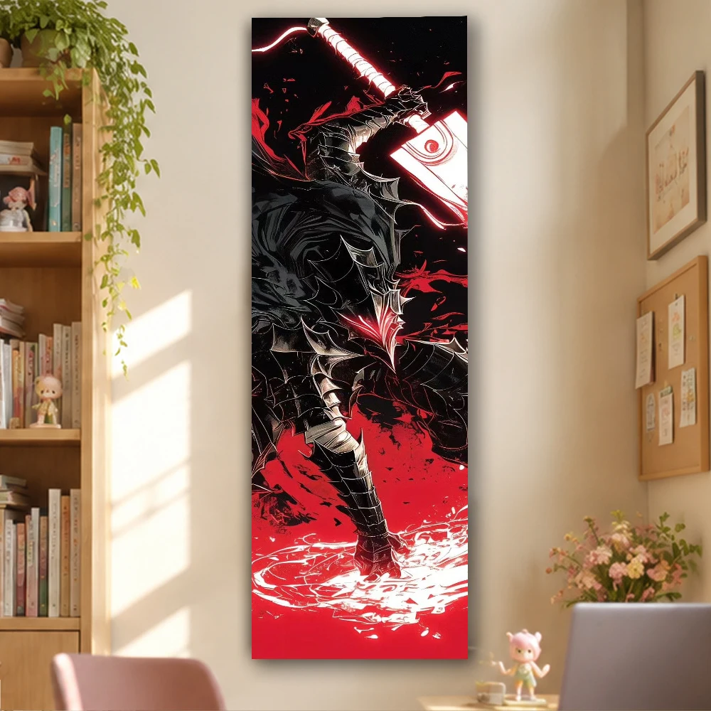 Dark Samurai Knight Vertical Long Tapestry Red Black Ink Sword Warrior Wall Hanging
