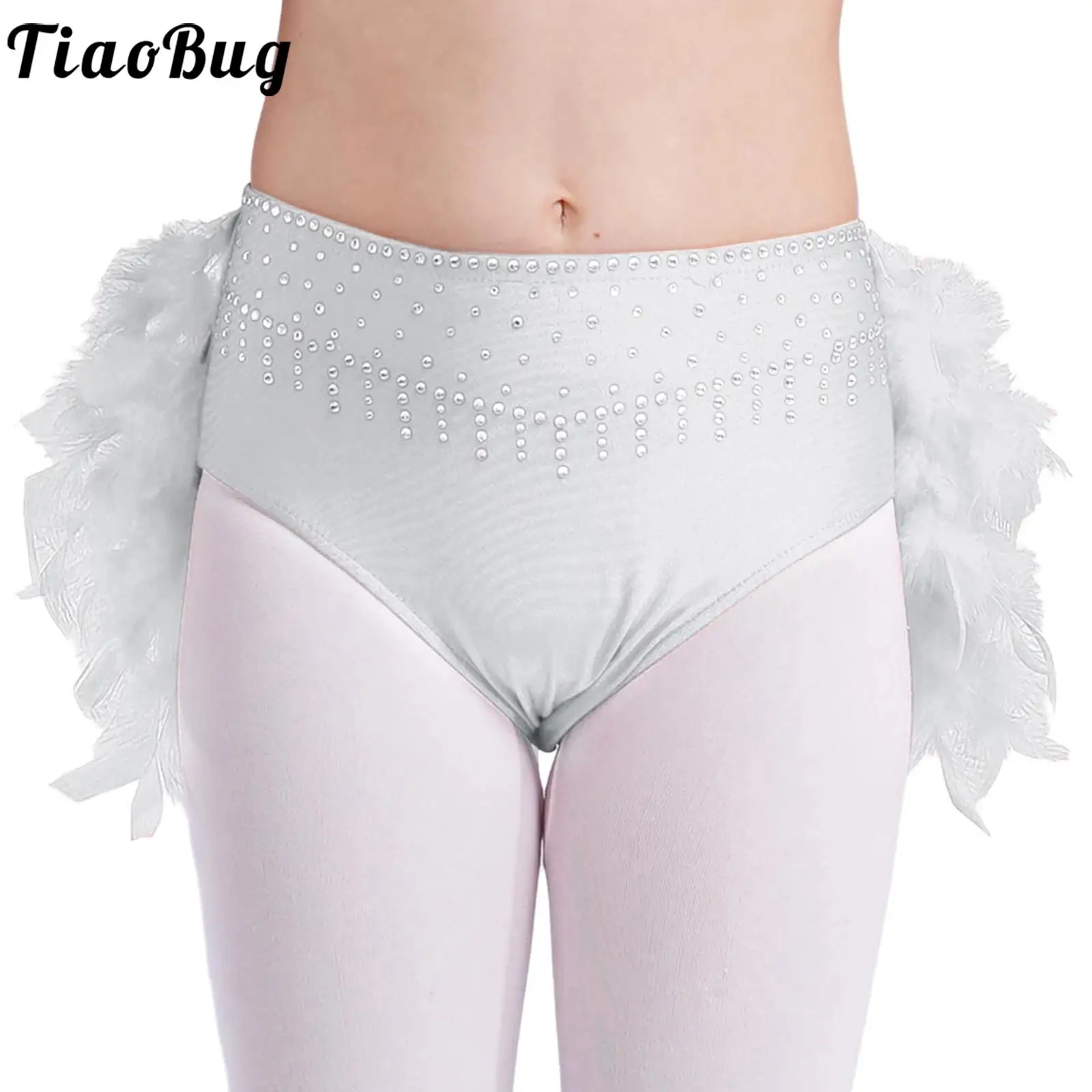 Kids Girls Latin Ballet Dance Briefs Shiny Rhinestones Feather Bottoms Cha-cha Gymnastics Figure Skating Performance Dancewear