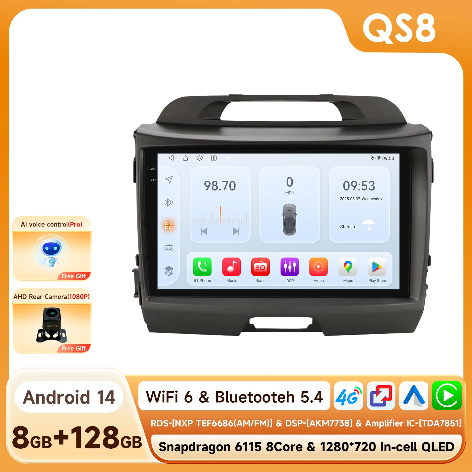 Android autoradio voor KIA Sportage 3 2010 - 2016 CarPlay Auto Intelligent Systems autoradio multimediaspeler 2din 360 graden camera Wifi RDS DSP scherm