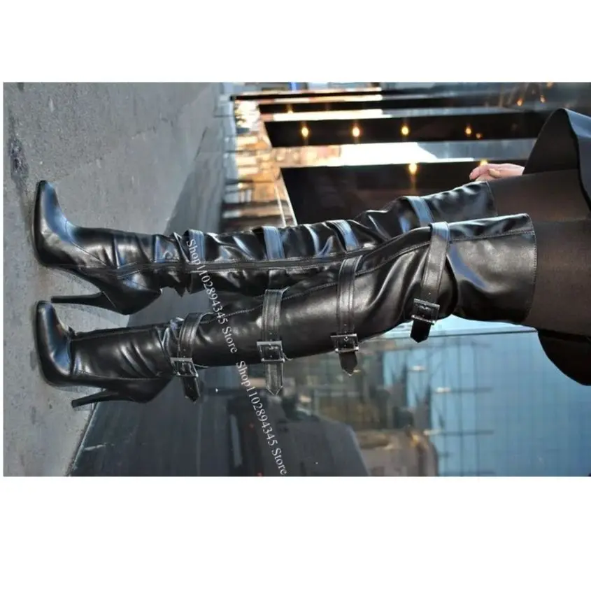 Black Buckle Over Knee High Boots Zipper Thin High Heel Women Big Size Sexy Cool Winter 2024 Party Shoes Zapatillas Mujer