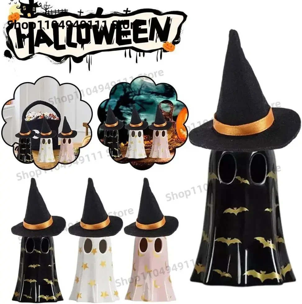 

New Halloween Ghost Decor, Ghost Decor with Witch Hat, Ceramic Light Up LED Ghost Spooky Halloween Decorations