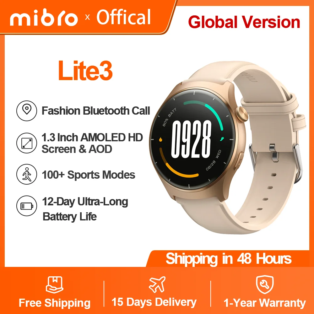 Mibro Lite3 Smartwatch Metal Body AOD 1.3\'\' Ekran AMOLED 360*360 Pixels 2.5D GPU Bluetooth Połączenie 24-godzinne Monitorowanie zdrowia 100 Tryby