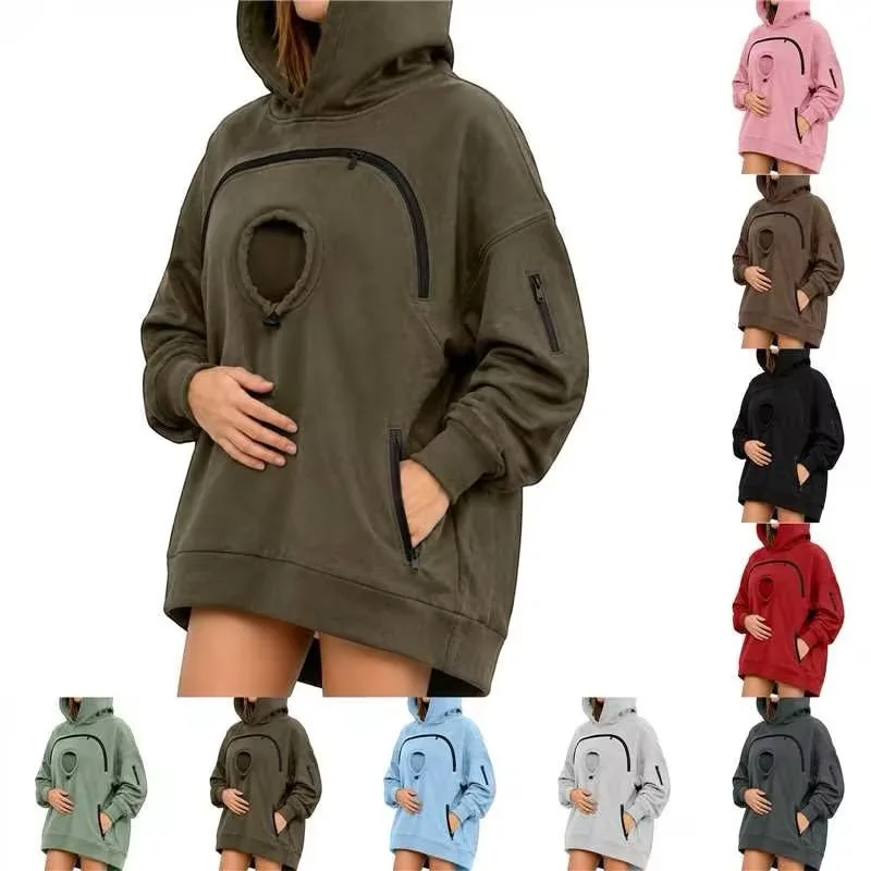 Women's Zip Up Hoodie With Cat Pocket, Long Sleeve Fleece Lined Casual Hooded Sweatshirt, Cute Pet Pocket Sweatshirt For Ladies