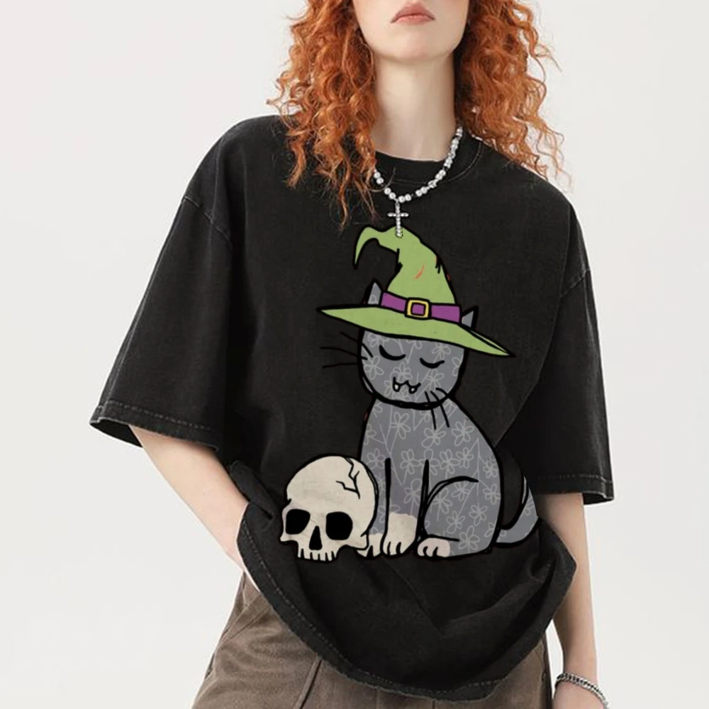 

Oversize Shirts Cat Print Retro Summer 2000s Y2K Washed Tee Punk Style T-Shirts For Women and Men Tops Cheap Items Streetwear