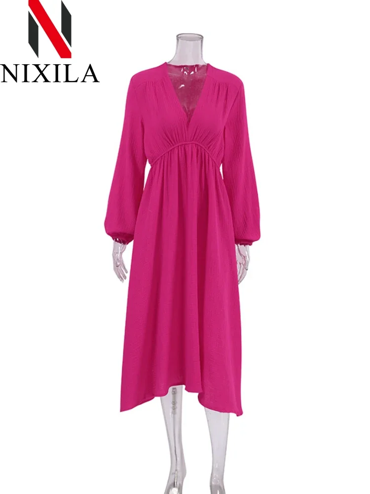 Summer Casual Women Maxi Dress Cotton V-neck A-line Oversize Short Sleeve Midi Dress Puff Sleeve Loose Elegant Long Dress 2024