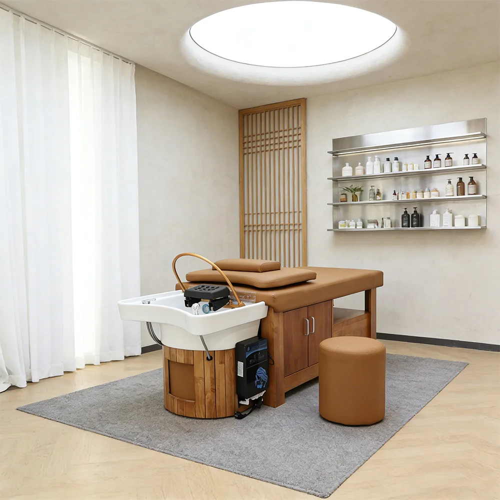 

Modern Spa Water Therapy Hair Salon Shampoo Bed With Japanese Steamer Storage Cabinet Durable Comfortable Stable Ergonomic