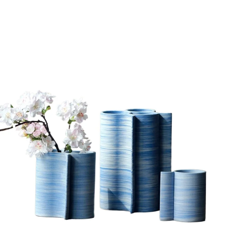 

Modern light luxury 3D ceramic vase living room flower arrangement high-end art blue ornament spruce