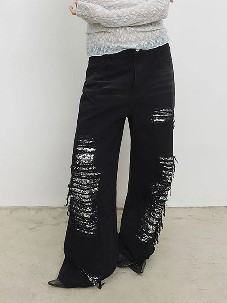 

Holes Women Denim Patchwork Jeans Trousers Baggy Wide Leg Straight Denim Fashion Hip Hop High Street Chic Lady Gothic Pants