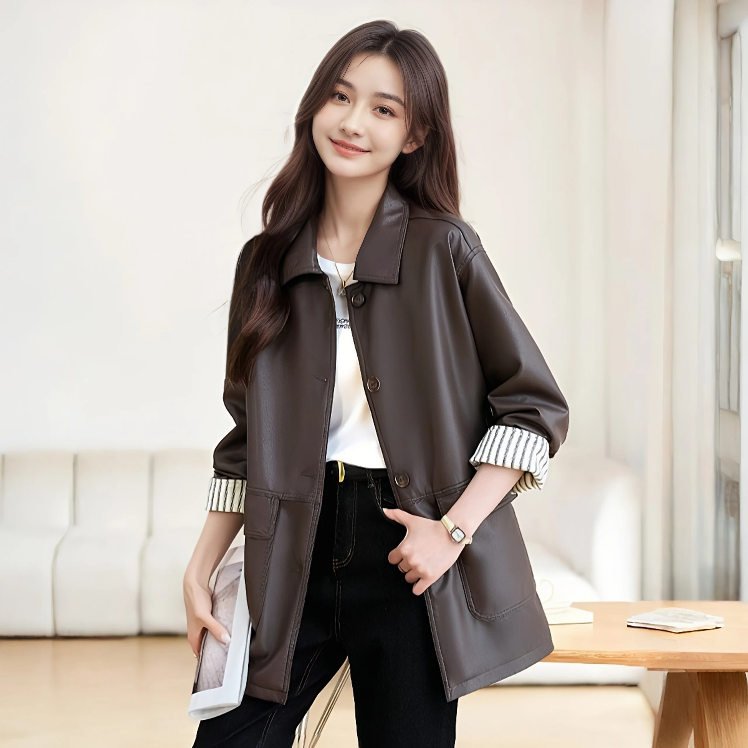 Jaet da donna in pelle di media lunghezza colletto rovesciato casual Hong Kong Sle vestibilità ampia autunno inverno cappotto vintage di fascia alta