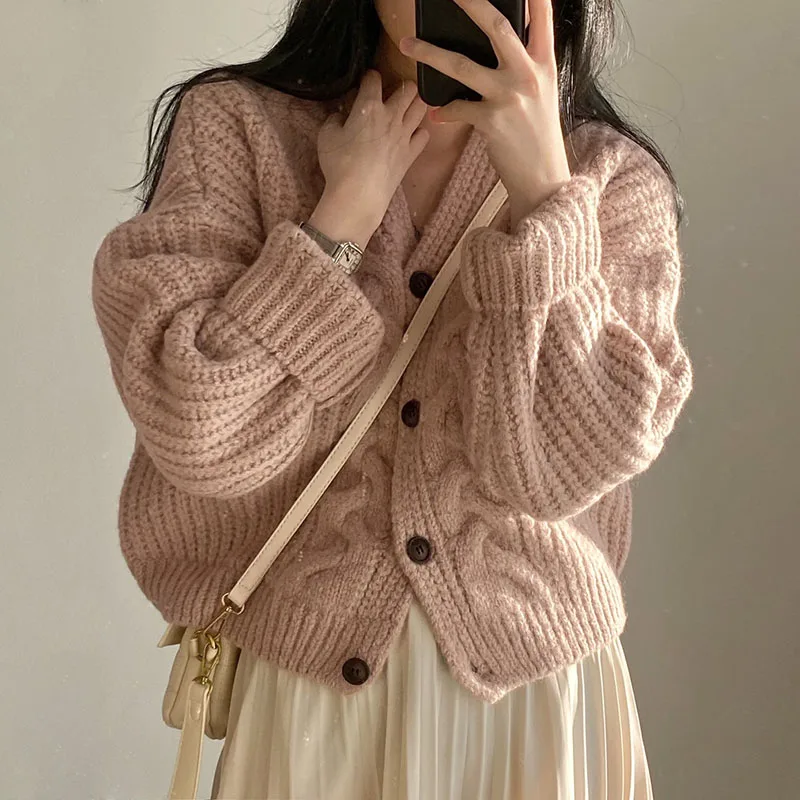 Korean Chic V-neck Puff Sleeve Twist Loose Knitted Cardigan Sweater  Tops  Y2k  Cropped Cardigan  Pink  Oversized Sweater