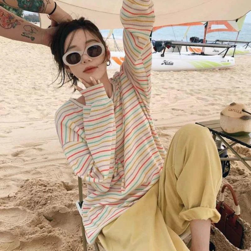 Long Sleeve T-shirts Women Striped Fashion Spring Cozy Loose Casual Panelled Korean Style Students All-match Lovely Female Chic