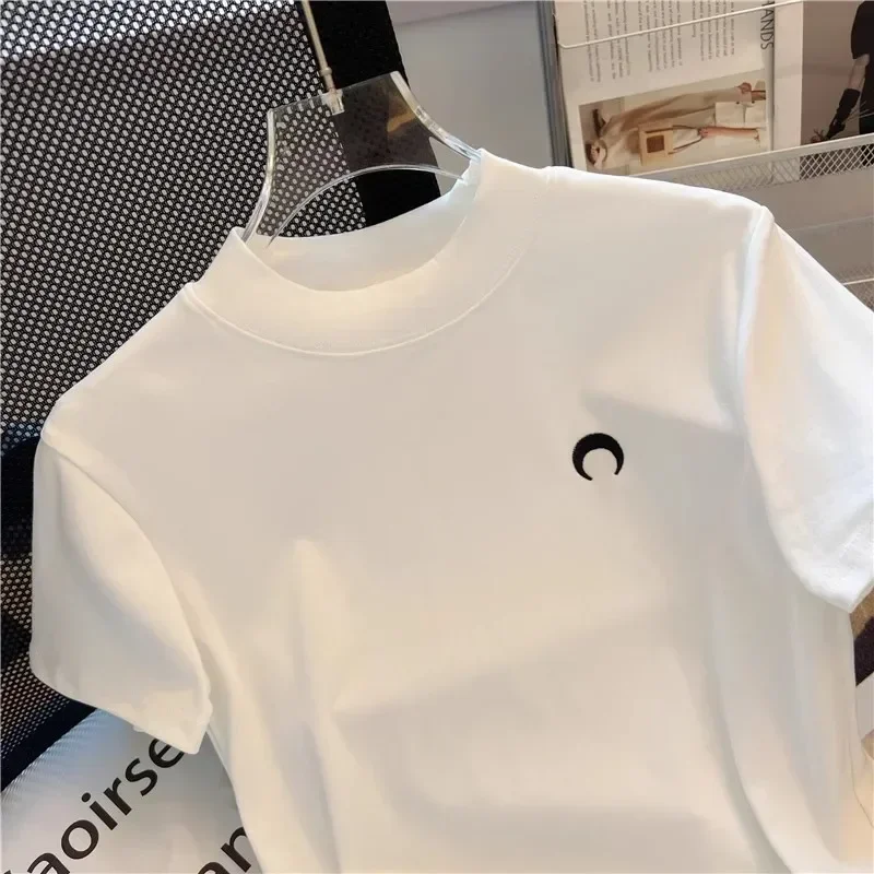 Women's Half-polo Turtle Neck Knit Sleeve T-shirt Summer Design Sensibility Niche Moon Teeth Embroidery Cropped Regular-fit Top