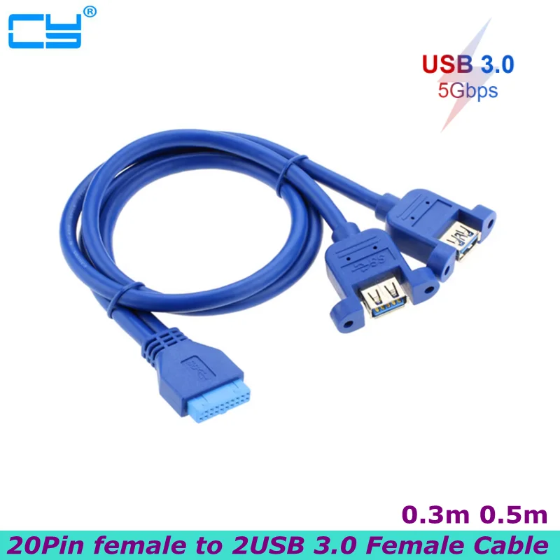 USB 3.0 Dual Ports Female Screw Mount Type to Motherboard 20pin Header Cable Blue 30cm 50cm