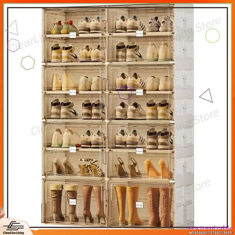 7-Tier Foldable Shoe Rack with Magnetic Doors Large Collapsible Shoe Organizer for Closet Entryway Hallway Bedroom Living