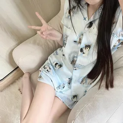 Women's Pajamas Sets Spring Summer 2 Piece Print Cat Pyjama Faux Silk Satin Sleepwear Short Sleeve Pijama Mujer Pjs Homewear