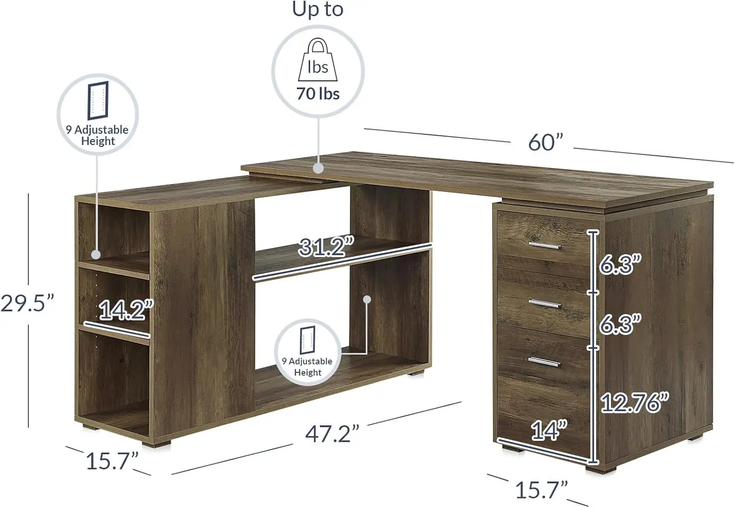 L Shaped Computer Desk, 60\u201d Study Writing Table Home Office Desk Morden Corner Workstation Setup with Adjustable Storage Sh
