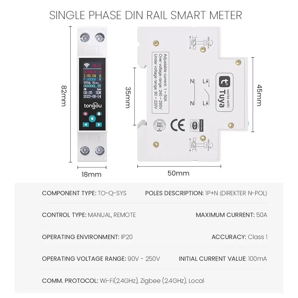 1 P 50A Tuya WIFI akıllı anahtar devre kesici LED Enerji Ölçer KWh Güç Ölçüm Zamanlayıcı Röle Uzaktan Kumanda Akıllı Yaşam APP