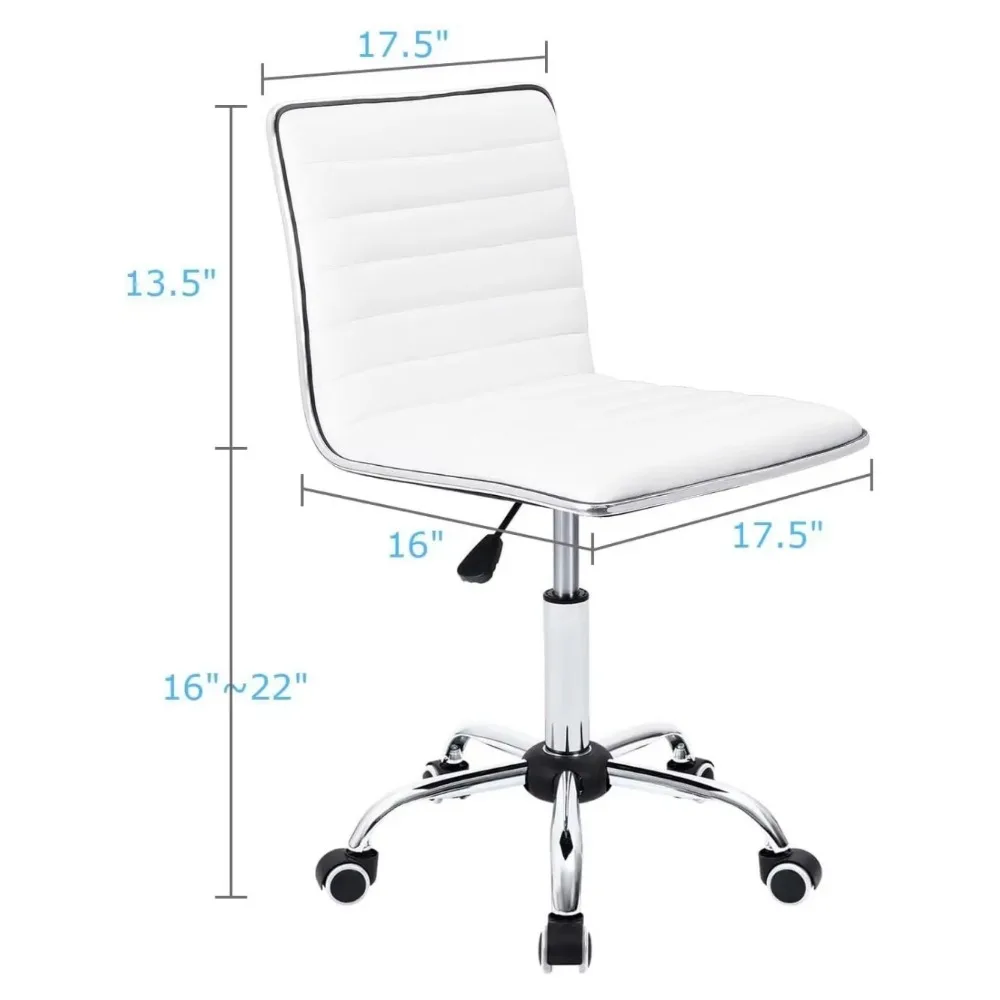 Mid Back Vanity Chair for Makeup Room, Low Back PU Leather Swivel Computer Desk Chair, Task and Office Chair Retro (White)