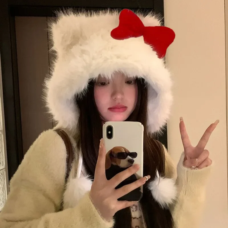 Kawaii Bowknot Plush Hat Women Thicken Warm Ear Protection Cartoon Kt Cat Windproof Head Round Pom-pom Beanie Lei Feng Cap