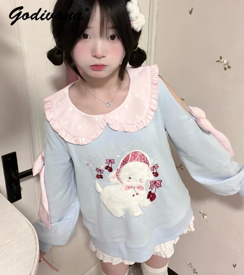 2024 Spring New Blue Pink Off Shoulder Sweet Cute Sweatshirt Pullover Top Soft Girl Women\'s Lolita Off-Shoulder Hoodies