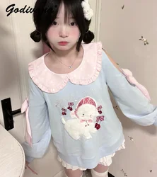 2024 Spring New Blue Pink Off Shoulder Sweet Cute Sweatshirt Pullover Top Soft Girl Women's Lolita Off-Shoulder Hoodies