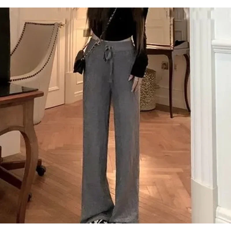 

White Knitted Pants Spring and Autumn New Style Premium Texture Hanging High Waist Solid Color Casual Wide Leg Loose Pants