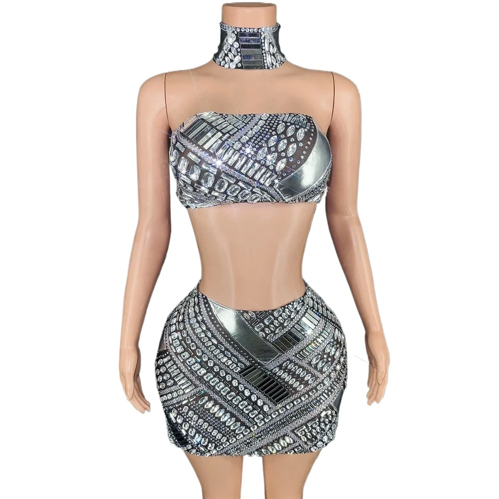 

Sparkly Diamonds Tube Top Short Skirt Two Pieces for Women Sexy Celebrate Evening Prom Party Birthday Dress Show Stage Wear