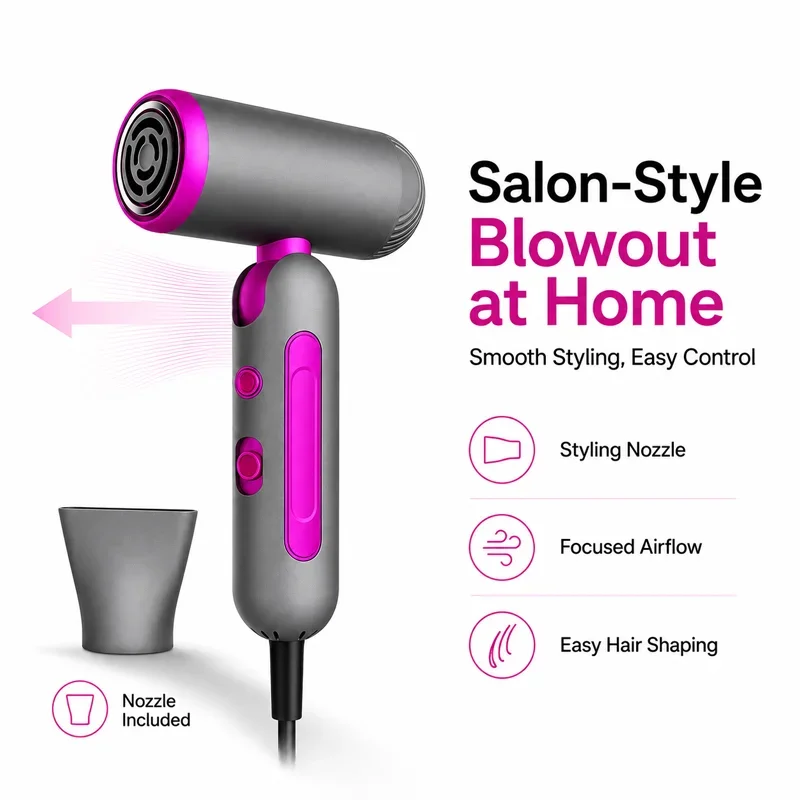 Portable Foldable Hair Dryer 1200W 106000RPM High Speed Blow Dryer Lightweight Fast Drying Travel Hairdryer with Styling Nozzle