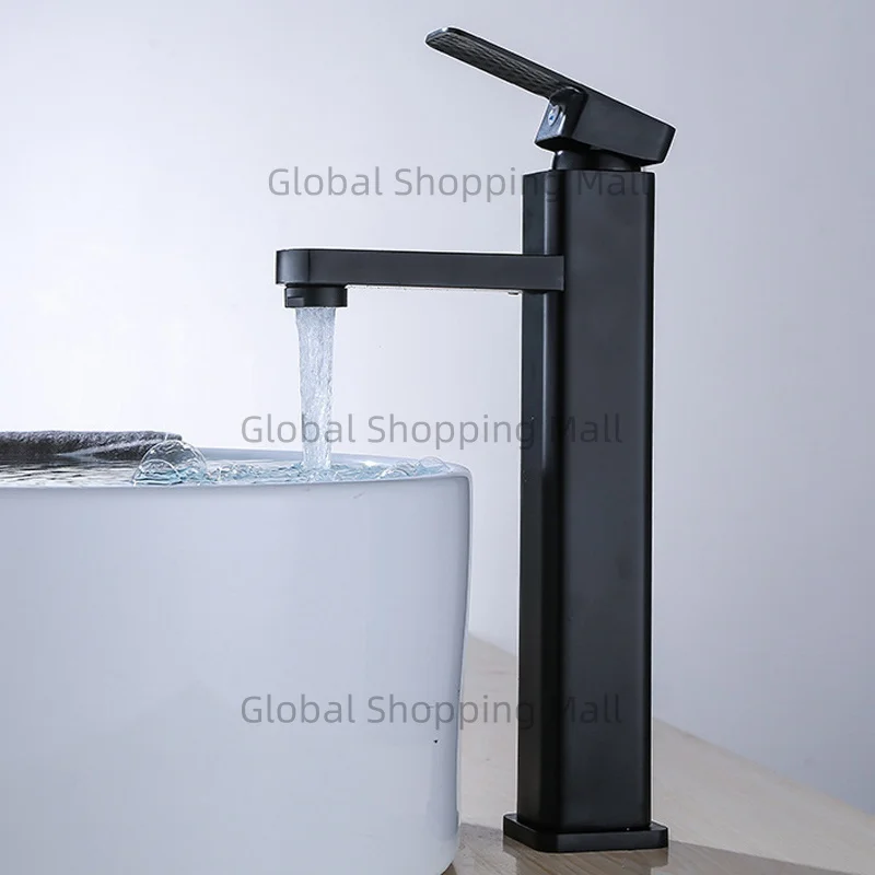 Bathroom Faucet Single Hole Single Handel Hot and Cold Water Mixer Tap Deck Mounted in Black and Chrome Square Basin TapBathroom