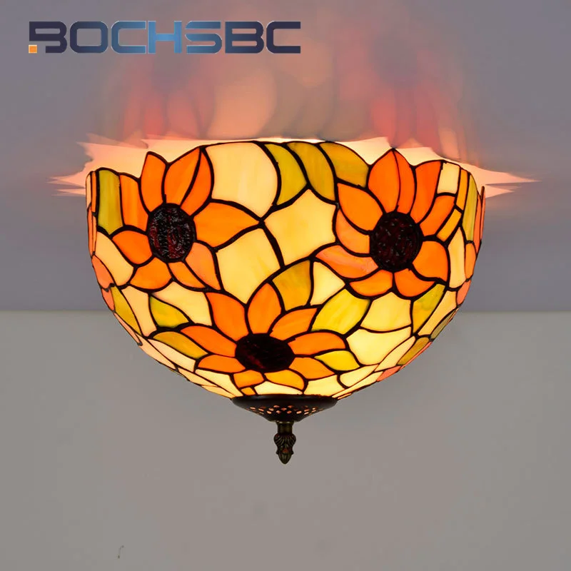 BOCHSBC Tiffany Sunflower Vintage style stained glass 12inch flush mount light deco the dining room bedroom hallway ceilinglight