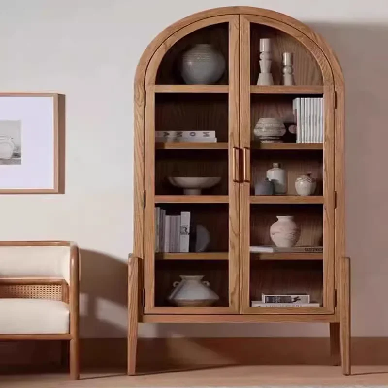 Nordic medieval wood arched bookcase with glass door wine cabinet