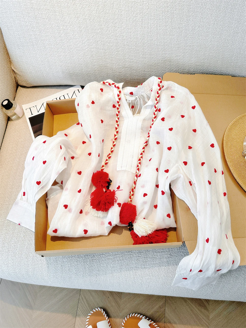 

Sweet White V-Ne Long Sve irt Женский свободный повседневный осенний модный топ в горошек с сердечным узором для молодежи