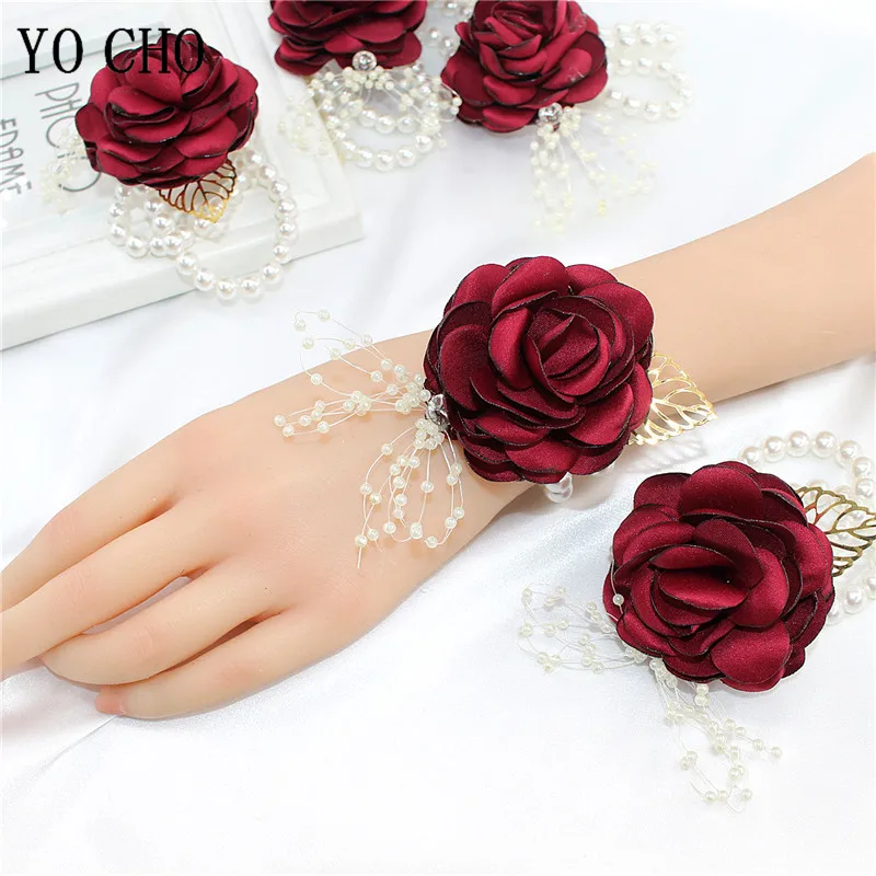 Mädchen Brautjungfer Handgelenk Blume Hochzeit Abschluss ball Party Bouton niere Seide Rose Perle Armband Armband Hand Blumen Hochzeit Zubehör – Detail 4