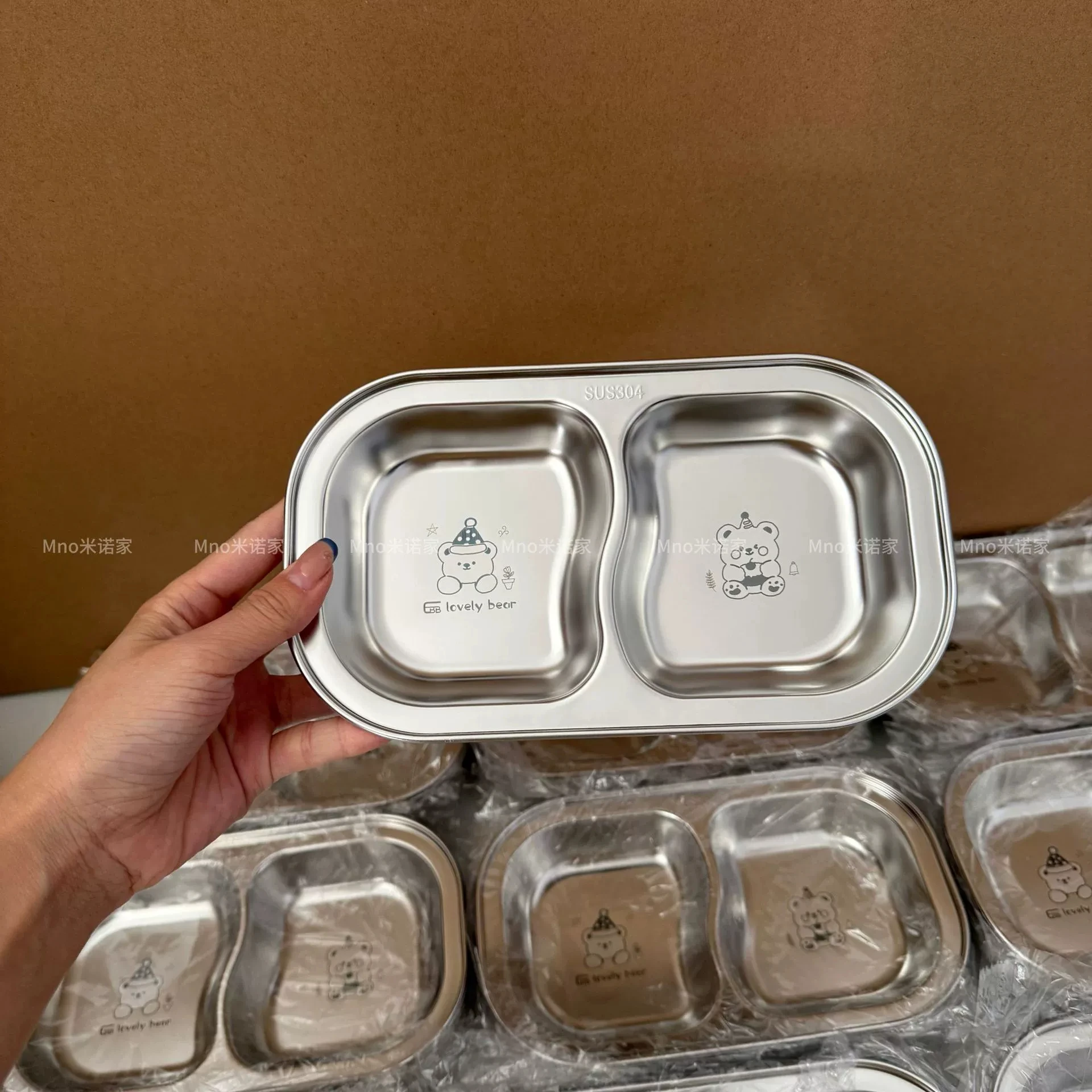 Stainless Steel 304 Food Grade Compartment Plate 2 Sections Cute Bear Design Sauce Dish Fruit Snack Baby Food Plate Household