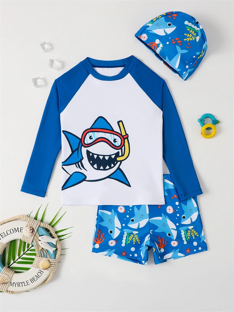 

Boy Kids Swimsuit 2024 New Blue Shark Pattern Long Sleeve Children Swimwear Summer Three Piece Beachwear Bathing Suit Swimming