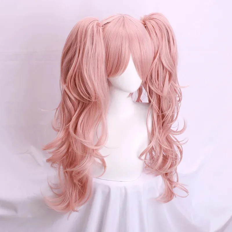 Enoshima Junko Cosplay Wig Pink Long Wavy and Horsetail Clip Heat-resistant Cosplay Wig Headdress