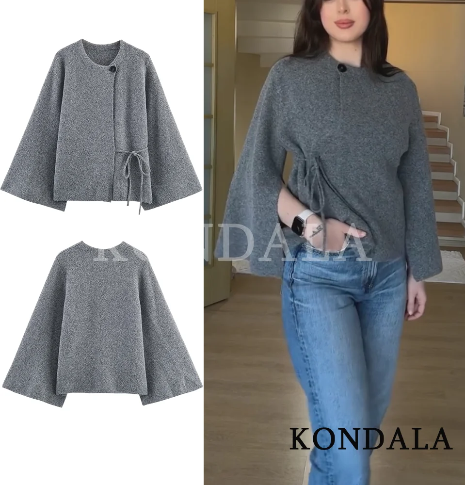 KONDALA خريف عادية الدانتيل متابعة محبوك معطف المرأة رمادي س الرقبة سترة معطف 2025 ربيع الخريف موضة أنيقة بسيطة معطف السيدات #2