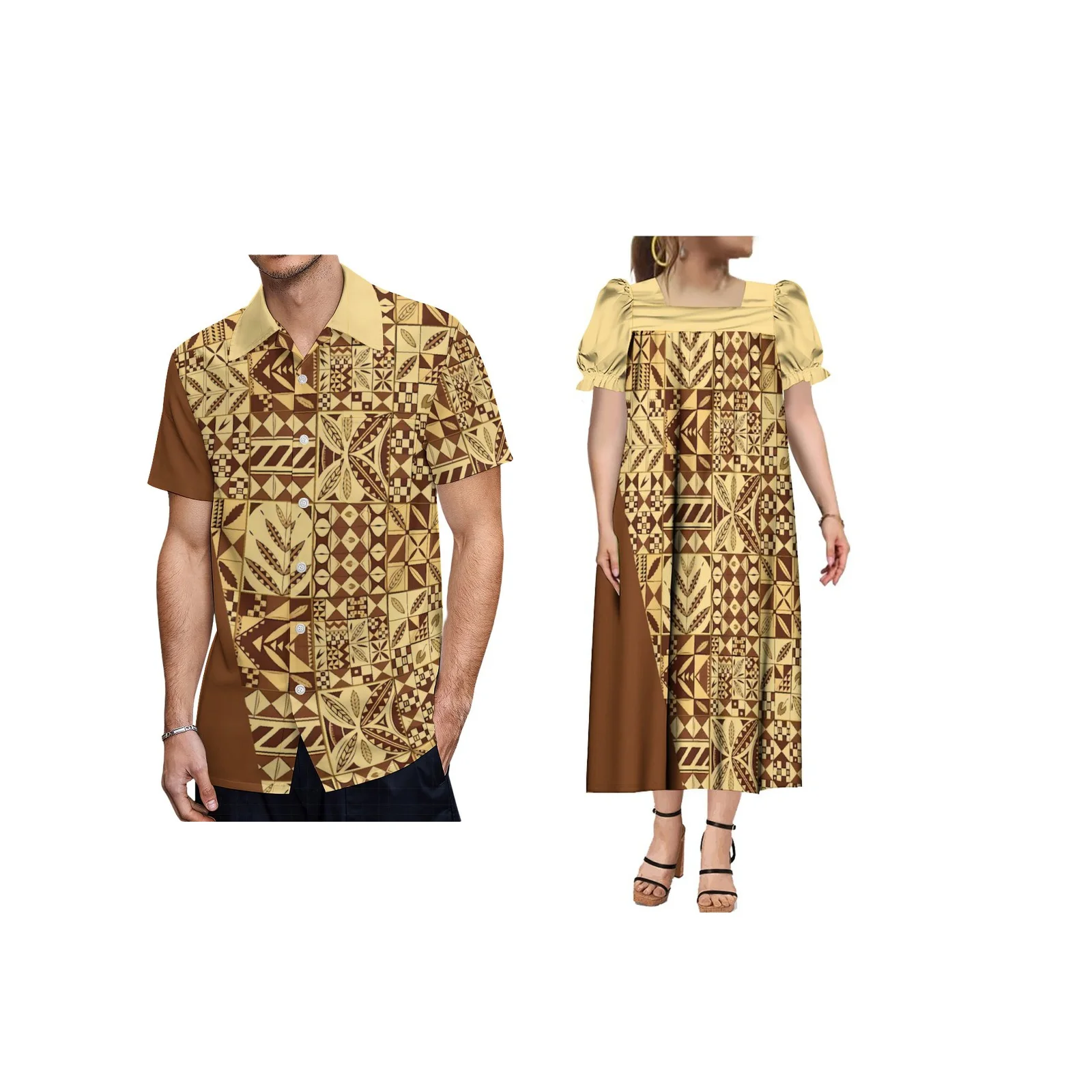 Hawaii Couple Set With Support Customization MUMU Polynesian Bubble Sleeve Women Dress Samoa Island Style Men Printed Shirts